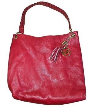 Michael Kors Cherry Red Pebbled Hobo Bag Braided strap Handle Gold Hardware